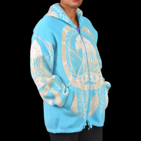 Vintage Artesanias Tuntaquimba Wool Jacket Blue Blanket Southwestern Eagle Large - Picture 6 of 15